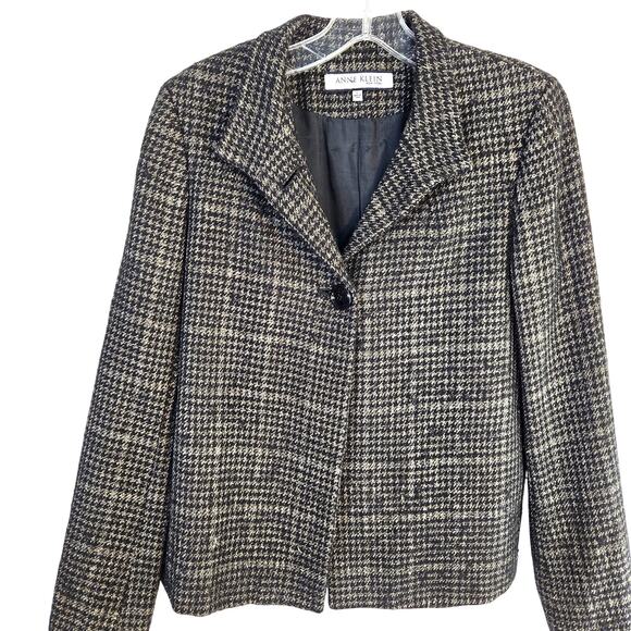 Anne Klein Women's Blazer 12 Gray Cream Checked Misses Size Large L Coat Jacket - Picture 1 of 7